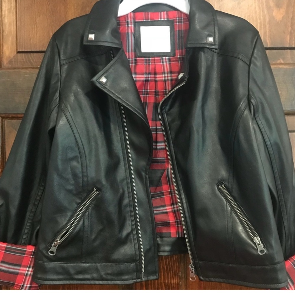 Justice Black Leather Jacket with Red Plaid Interior
